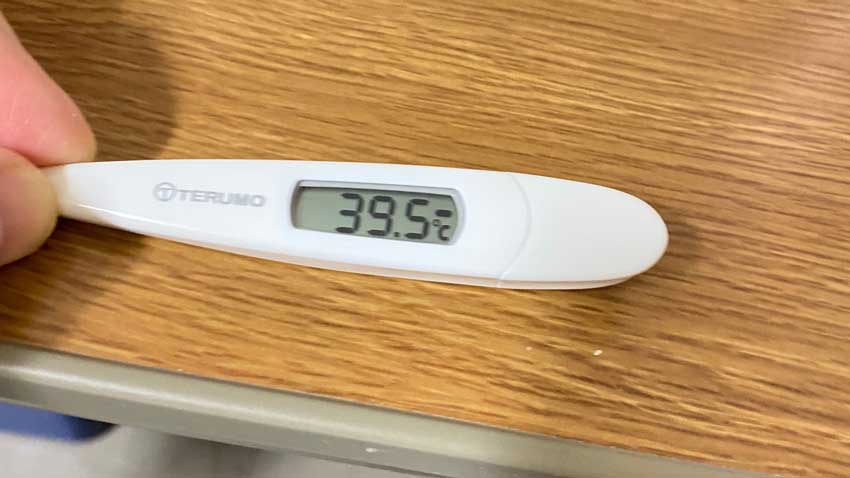 39.5度と表示された体温計